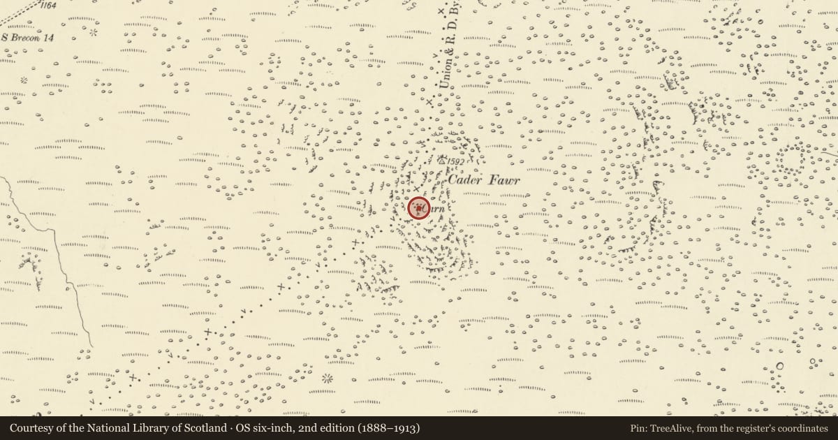 Ordnance Survey six-inch map, 2nd edition (1888–1913) covering the location of Cader Fawr Round Cairn, Hirwaun, Rhondda Cynon Taff, with a pin at the register's coordinates
