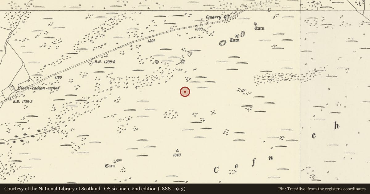Ordnance Survey six-inch map, 2nd edition (1888–1913) covering the location of Cefn Sychbant Round Cairns, Hirwaun, Rhondda Cynon Taff, with a pin at the register's coordinates