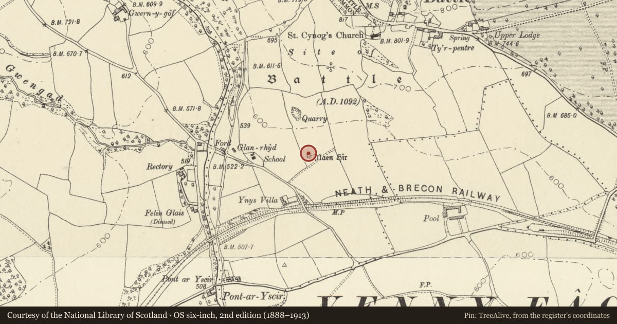 Ordnance Survey six-inch map, 2nd edition (1888–1913) covering the location of Battle Standing Stone, Yscir, Powys, with a pin at the register's coordinates