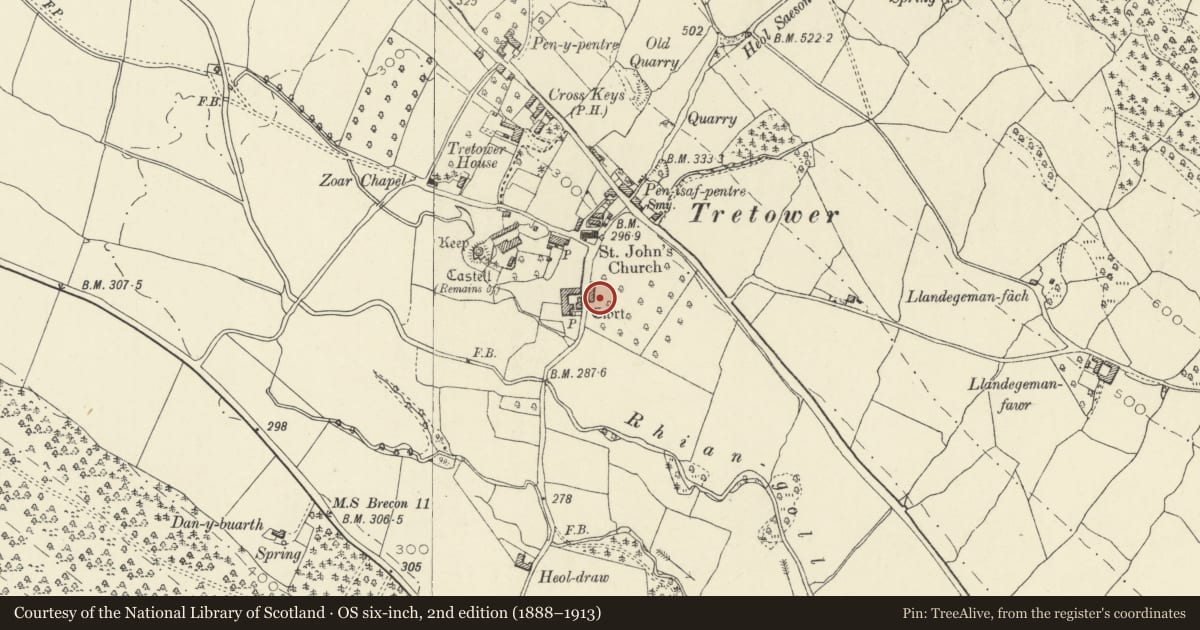 Ordnance Survey six-inch map, 2nd edition (1888–1913) covering the location of Tretower Barn, Llanfihangel Cwmdu with Bwlch and Cathedine, Powys, with a pin at the register's coordinates