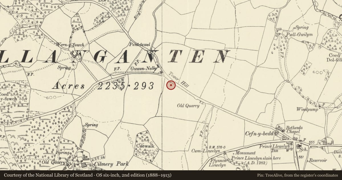 Ordnance Survey six-inch map, 2nd edition (1888–1913) covering the location of Tower Hill Round Barrow, Cilmery, Powys, with a pin at the register's coordinates