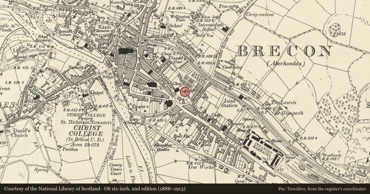 Ordnance Survey six-inch map, 2nd edition (1888–1913) covering the location of Town Wall at Watton Mount, Brecon, Powys, with a pin at the register's coordinates