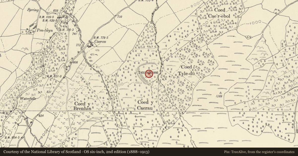 Ordnance Survey six-inch map, 2nd edition (1888–1913) covering the location of Coed y Caerau Camp, Llanfrynach, Powys, with a pin at the register's coordinates