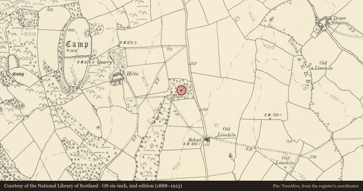 Ordnance Survey six-inch map, 2nd edition (1888–1913) covering the location of Llanfilo Moated Site, Felin-Fach, Powys, with a pin at the register's coordinates