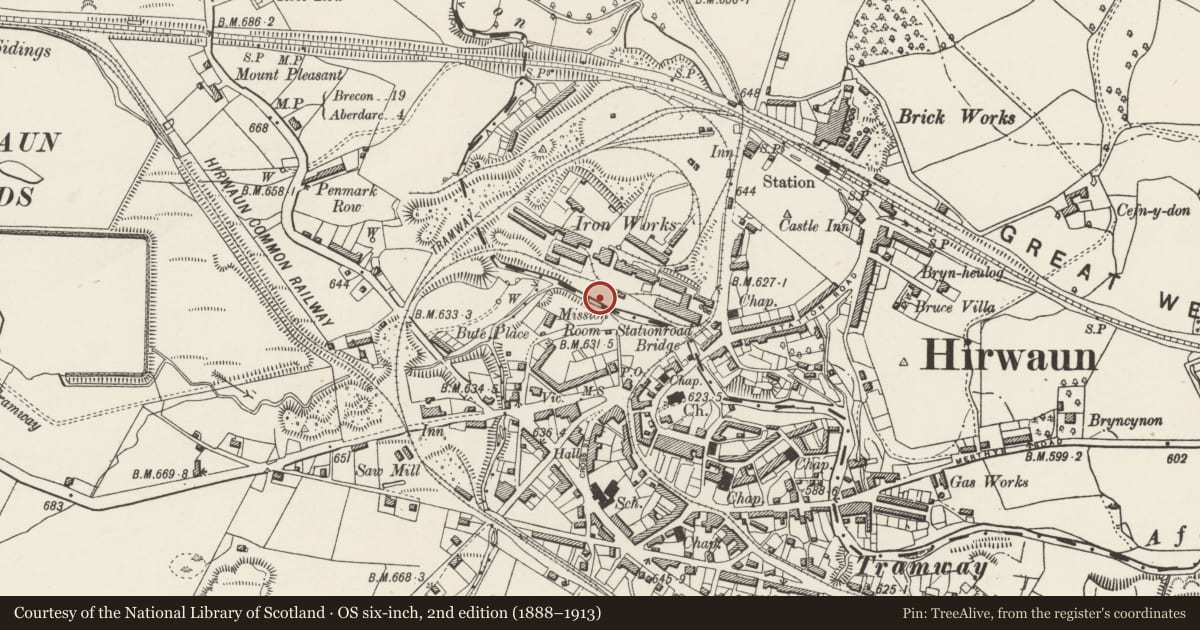 Ordnance Survey six-inch map, 2nd edition (1888–1913) covering the location of Site of Hirwaun Ironworks, Rhondda Cynon Taff, with a pin at the register's coordinates