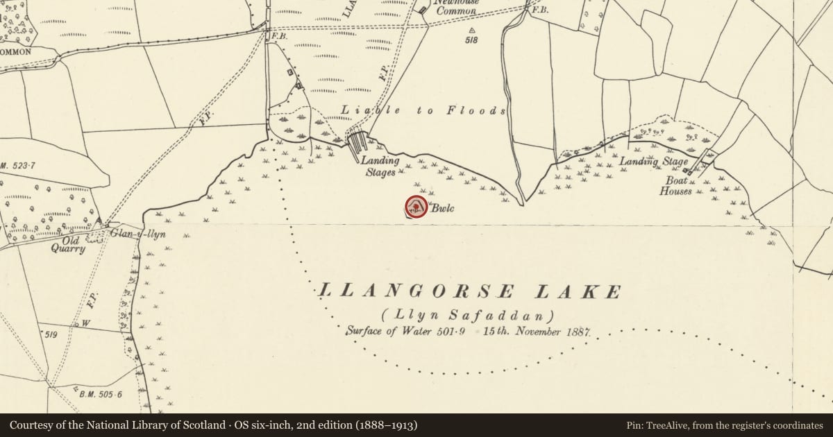 Ordnance Survey six-inch map, 2nd edition (1888–1913) covering the location of Crannog in Llangorse Lake, Powys, with a pin at the register's coordinates