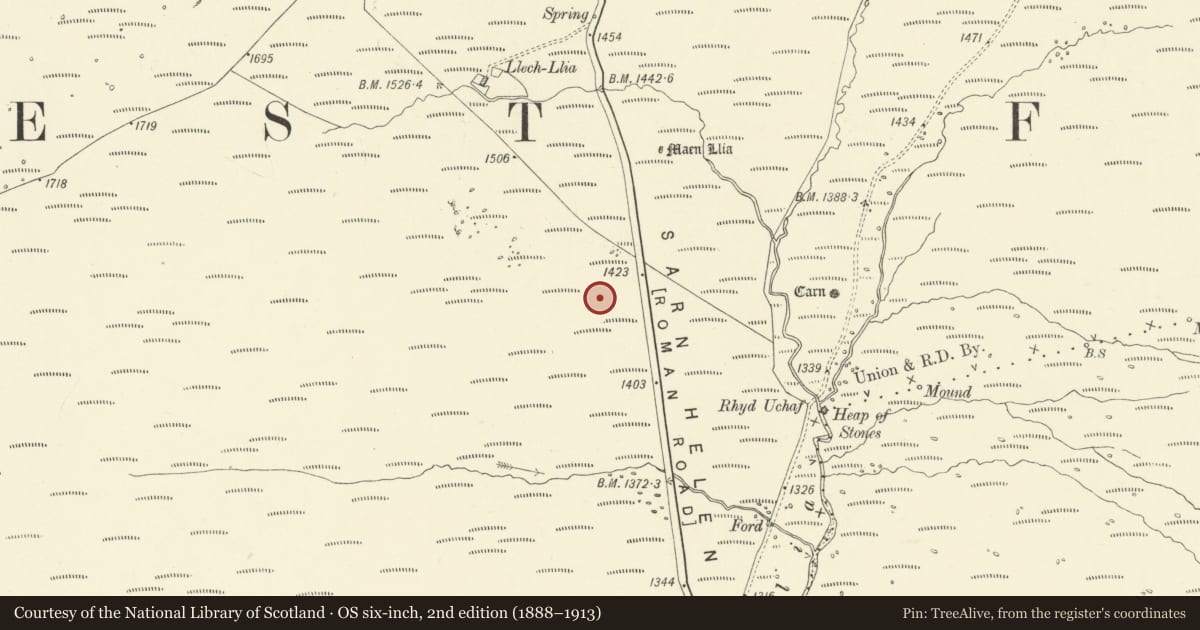 Ordnance Survey six-inch map, 2nd edition (1888–1913) covering the location of Round Barrow SW of Maen Llia, Maescar, Powys, with a pin at the register's coordinates
