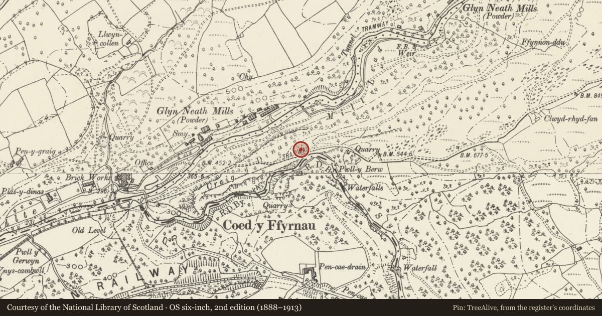 Ordnance Survey six-inch map, 2nd edition (1888–1913) covering the location of Craig y Ddinas Hillfort, Hirwaun, Rhondda Cynon Taff, with a pin at the register's coordinates