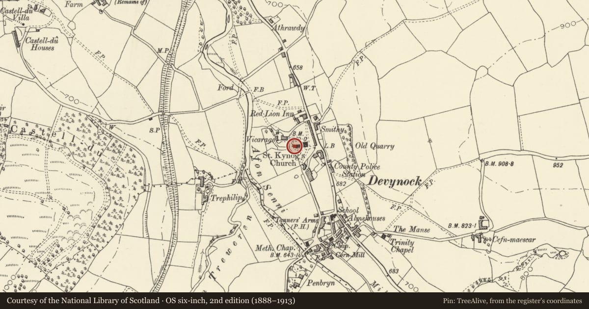 Ordnance Survey six-inch map, 2nd edition (1888–1913) covering the location of Early Christian Inscribed Stone in Defynnog Church, Maescar, Powys, with a pin at the register's coordinates