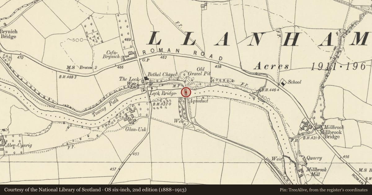 Ordnance Survey six-inch map, 2nd edition (1888–1913) covering the location of Brynich Aqueduct (Brecknock & Abergavenny Canal), Llanfrynach, Powys, with a pin at the register's coordinates