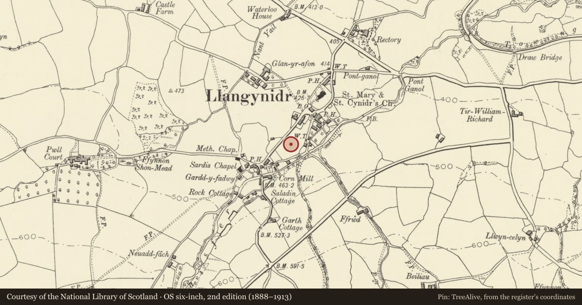 Ordnance Survey six-inch map, 2nd edition (1888–1913) covering the location of Llangynidr Deserted Medieval Village (part of), Powys, with a pin at the register's coordinates