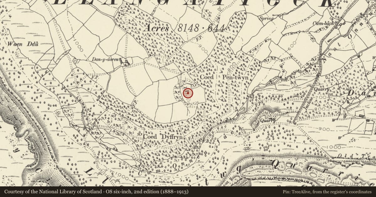 Ordnance Survey six-inch map, 2nd edition (1888–1913) covering the location of Coed Pentwyn Hillfort, Llangattock, Powys, with a pin at the register's coordinates