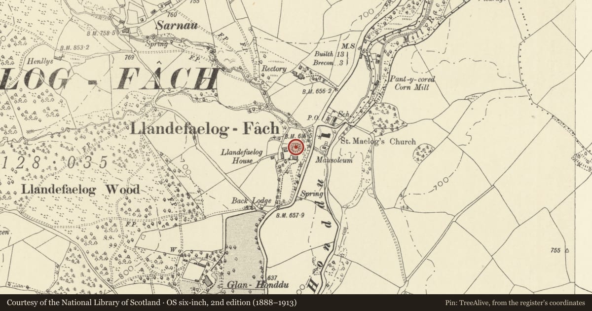 Ordnance Survey six-inch map, 2nd edition (1888–1913) covering the location of Llandefaelog Fach Motte, Honddu Isaf, Powys, with a pin at the register's coordinates