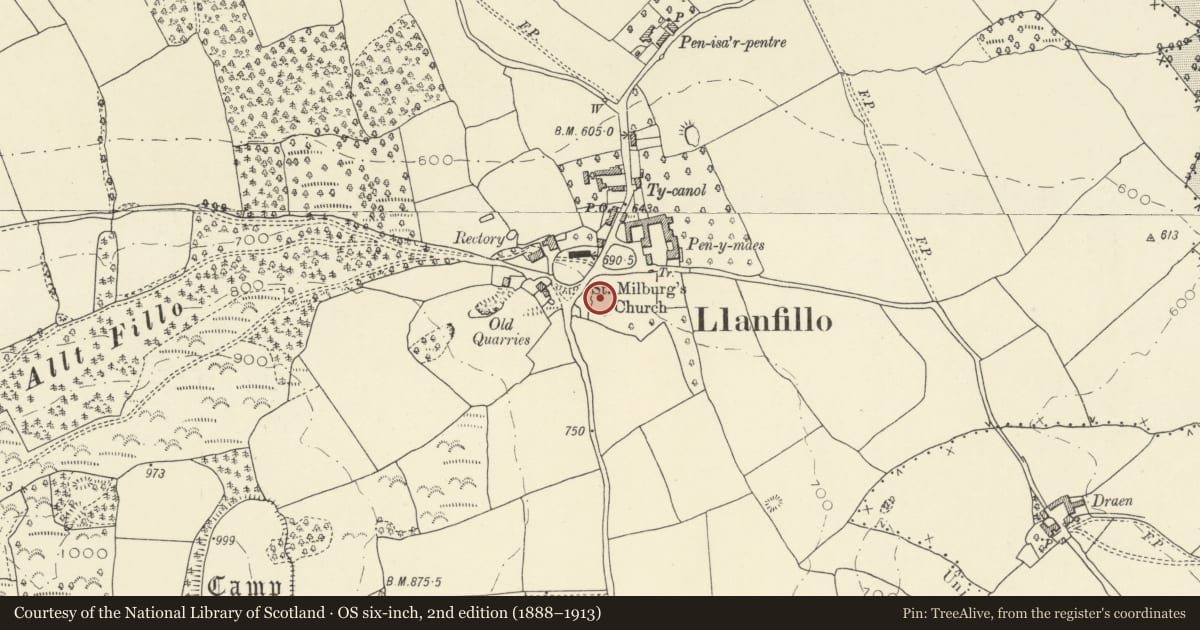 Ordnance Survey six-inch map, 2nd edition (1888–1913) covering the location of Moated Site in Llanfilo Village, Felin-Fach, Powys, with a pin at the register's coordinates