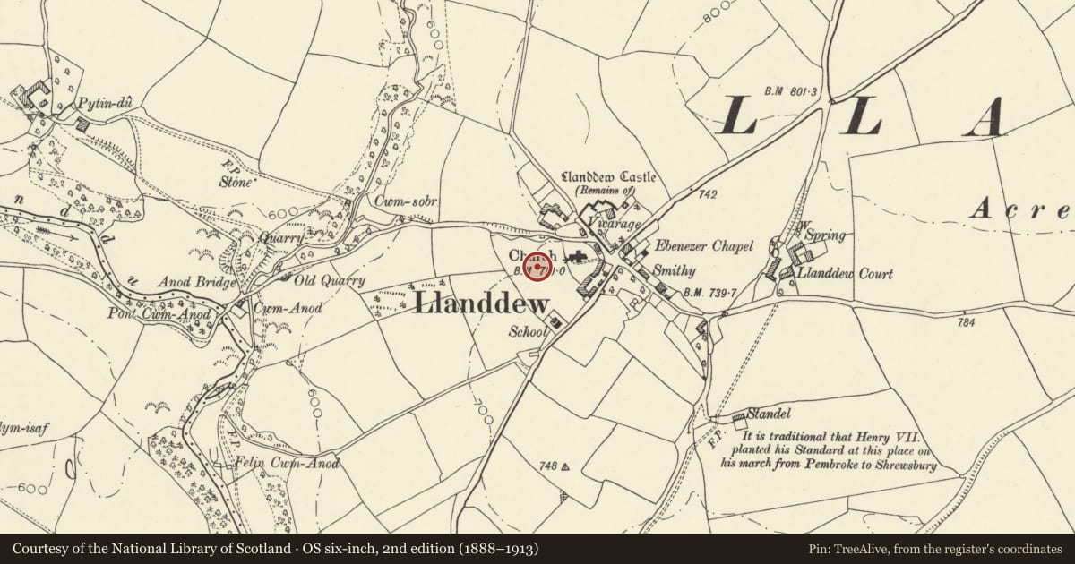 Ordnance Survey six-inch map, 2nd edition (1888–1913) covering the location of Earthworks South West of Llanddew Church, Powys, with a pin at the register's coordinates