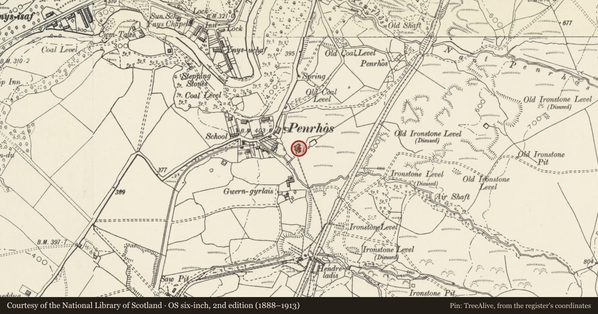 Ordnance Survey six-inch map, 2nd edition (1888–1913) covering the location of Ynysgedwyn Colliery, Fan House, Ystradgynlais, Powys, with a pin at the register's coordinates