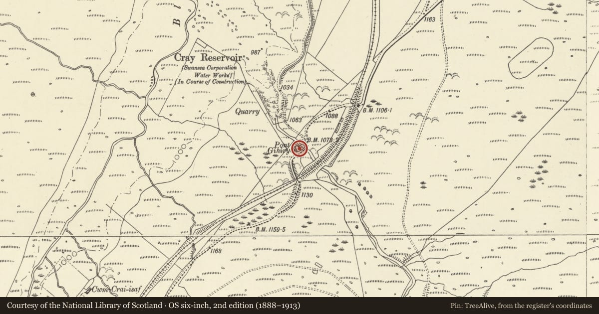 Ordnance Survey six-inch map, 2nd edition (1888–1913) covering the location of Pont Gihirych, Cray, Powys, with a pin at the register's coordinates