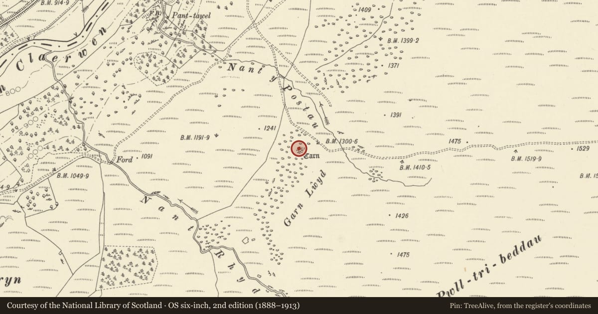 Ordnance Survey six-inch map, 2nd edition (1888–1913) covering the location of Ring Cairn on Garn Lwyd, Llanwrthwl, Powys, with a pin at the register's coordinates