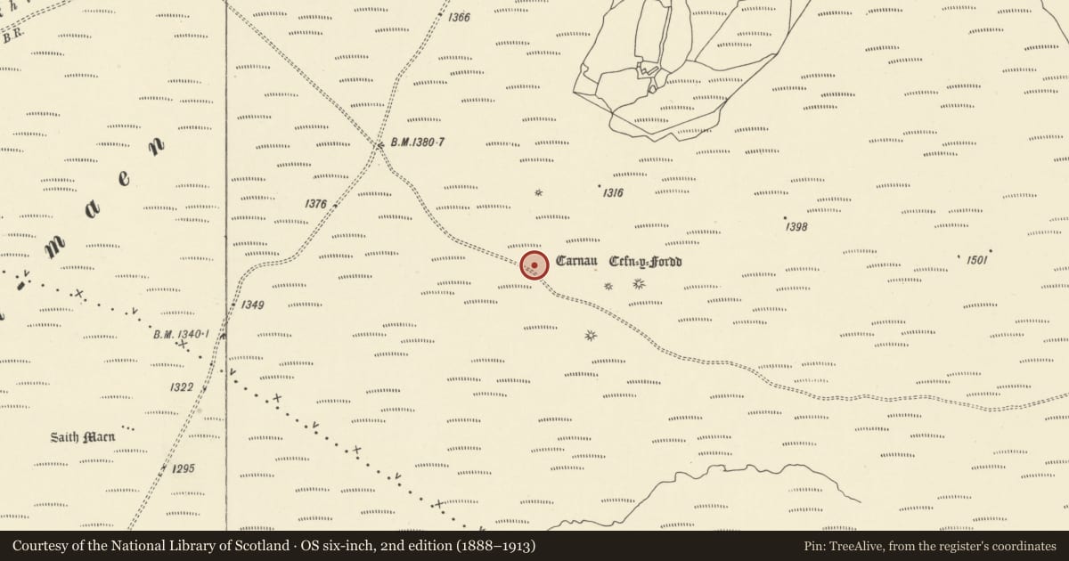Ordnance Survey six-inch map, 2nd edition (1888–1913) covering the location of Cairns and Standing Stones on Carnau Cefn-y-Ffordd, Llanafanfawr, Powys, with a pin at the register's coordinates