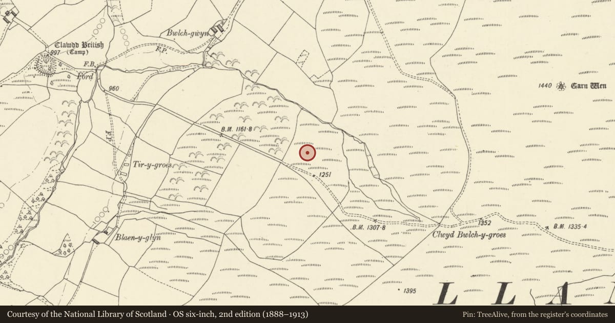 Ordnance Survey six-inch map, 2nd edition (1888–1913) covering the location of Enclosure 500m W of Dixies Corner, Maescar, Powys, with a pin at the register's coordinates