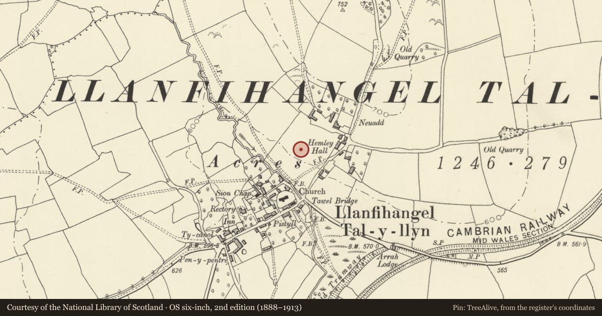 Ordnance Survey six-inch map, 2nd edition (1888–1913) covering the location of House Platforms and Hollow Ways in the Shrunken Medieval Village of Llanfihangel Tal-y-Llyn, Llangors, Powys, with a pin at the register's coordinates