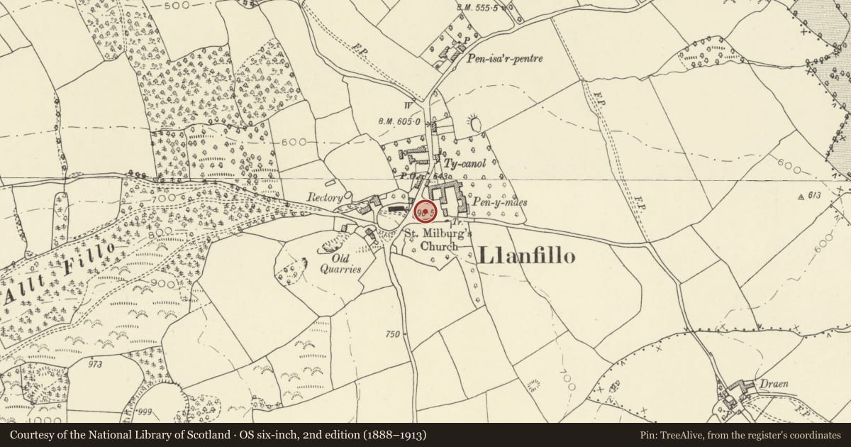 Ordnance Survey six-inch map, 2nd edition (1888–1913) covering the location of Medieval Building in Llanfilo Village, Felin-Fach, Powys, with a pin at the register's coordinates
