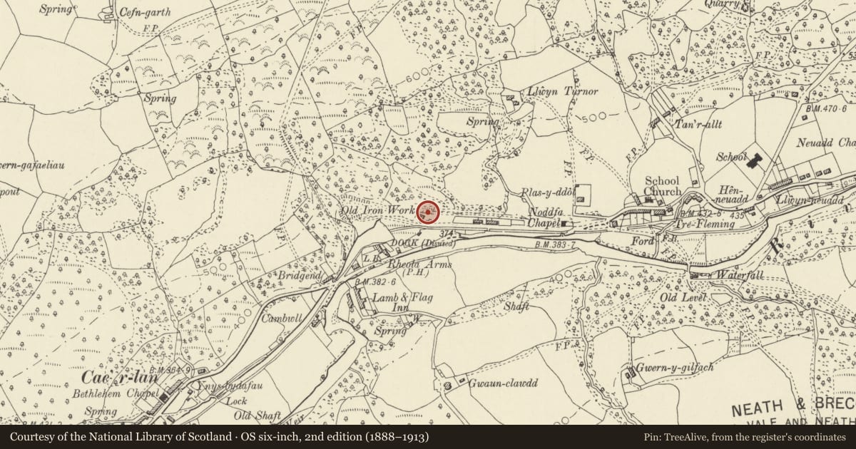 Ordnance Survey six-inch map, 2nd edition (1888–1913) covering the location of Abercrave Ironworks, Ystradgynlais, Powys, with a pin at the register's coordinates