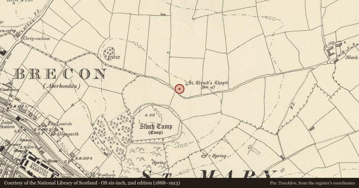 Ordnance Survey six-inch map, 2nd edition (1888–1913) covering the location of St Eluned's Chapel and Well, Brecon, Powys, with a pin at the register's coordinates