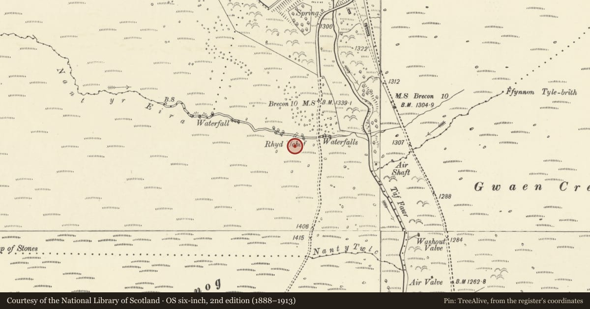 Ordnance Survey six-inch map, 2nd edition (1888–1913) covering the location of Rhyd Uchaf Hillfort, Glyn Tarell, Powys, with a pin at the register's coordinates