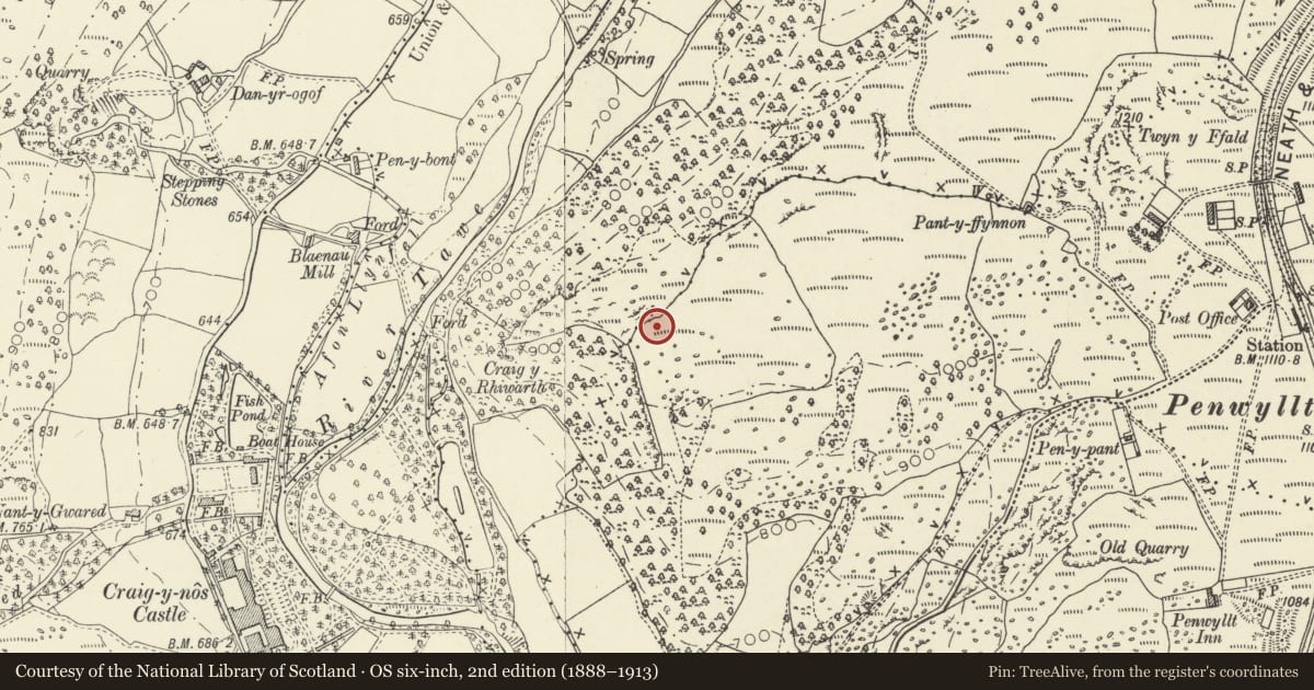 Ordnance Survey six-inch map, 2nd edition (1888–1913) covering the location of Craig-y-Rhiwarth Hillfort, Tawe-Uchaf, Powys, with a pin at the register's coordinates