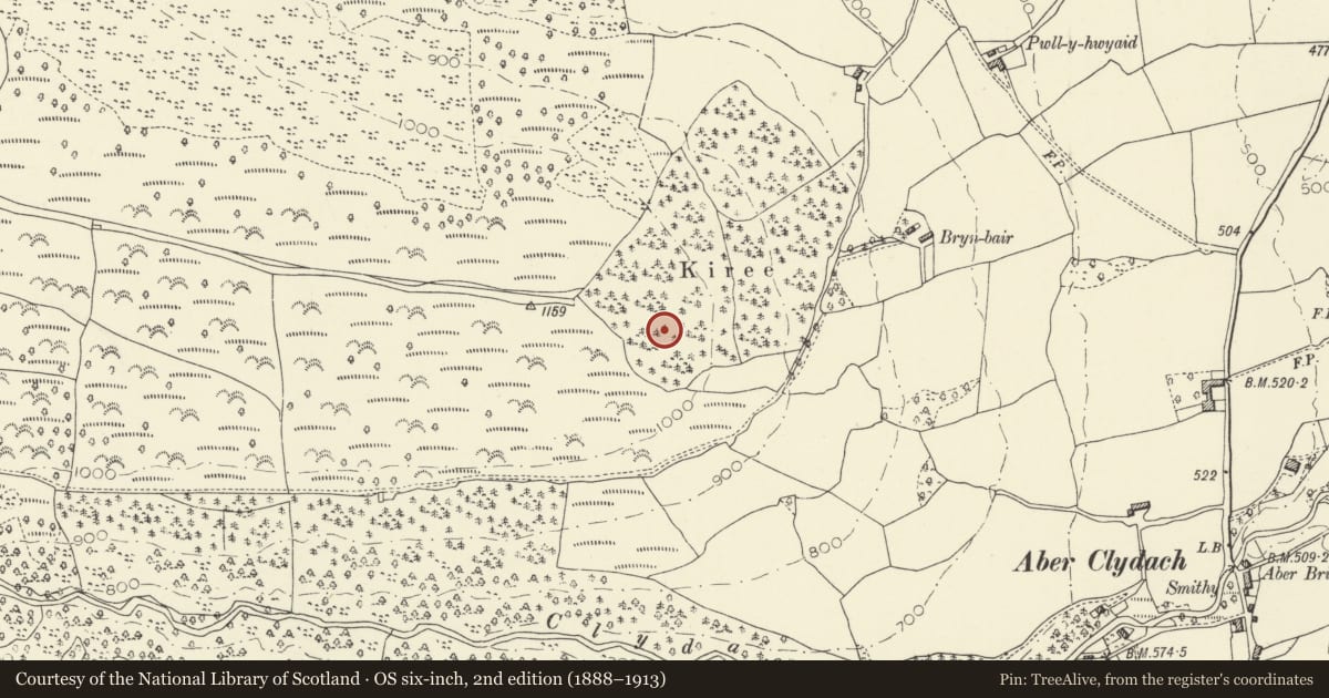 Ordnance Survey six-inch map, 2nd edition (1888–1913) covering the location of Tyle Clydach Hillfort, Talybont-on-Usk, Powys, with a pin at the register's coordinates