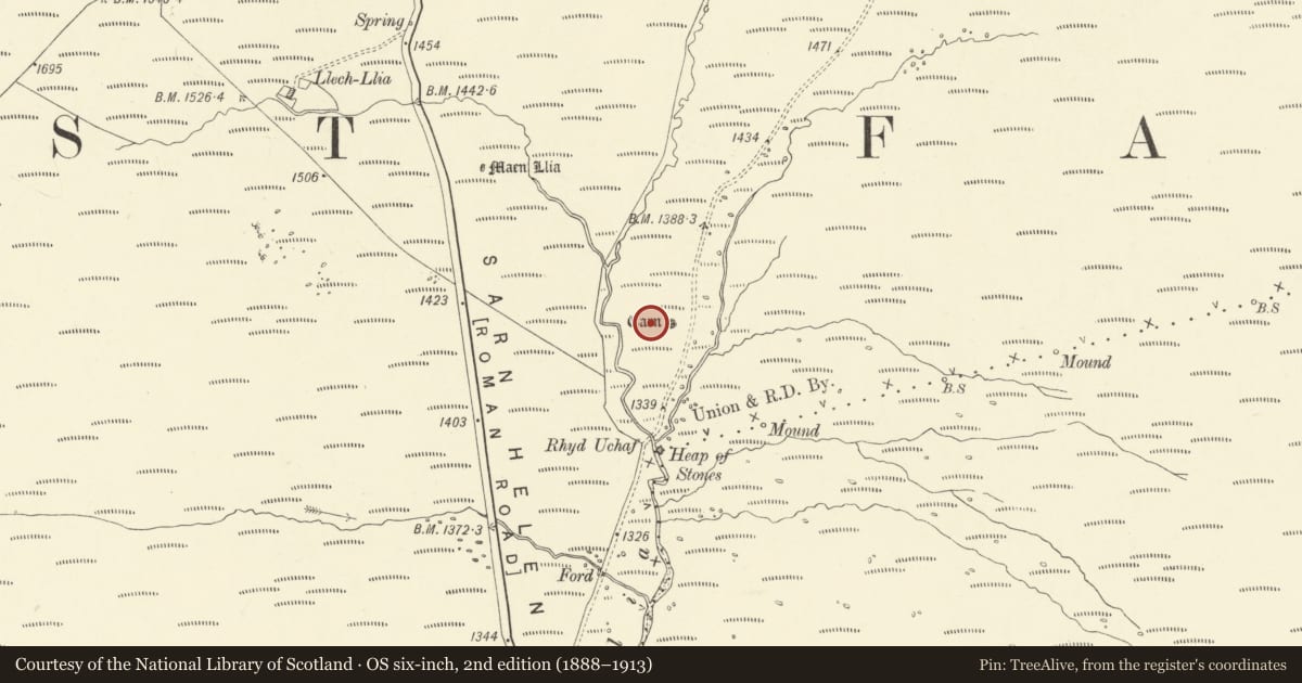 Ordnance Survey six-inch map, 2nd edition (1888–1913) covering the location of Round Cairn SE of Maen Llia, Maescar, Powys, with a pin at the register's coordinates