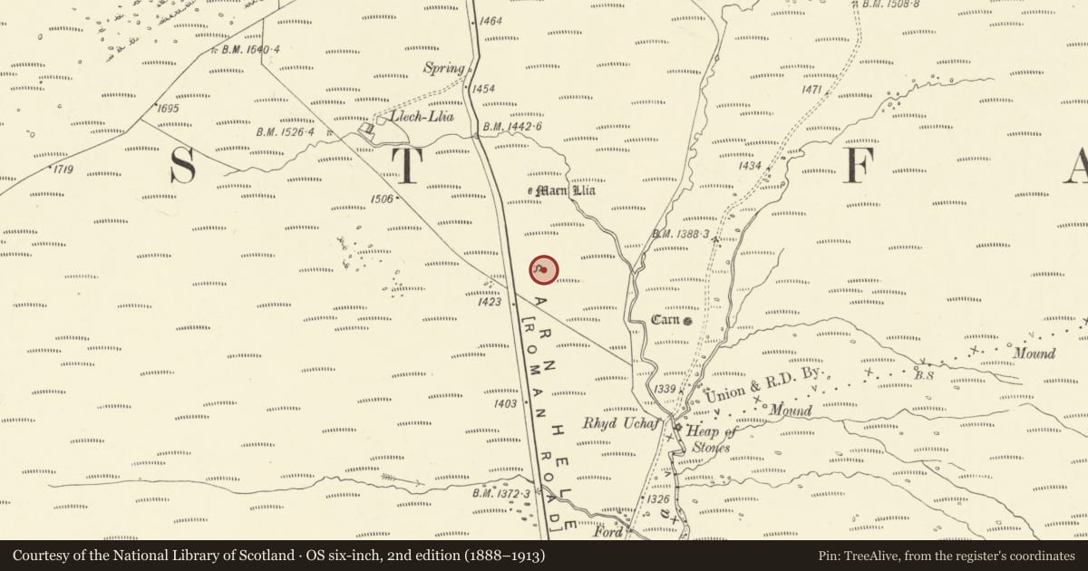 Ordnance Survey six-inch map, 2nd edition (1888–1913) covering the location of Rectangular Platform, Maescar, Powys, with a pin at the register's coordinates