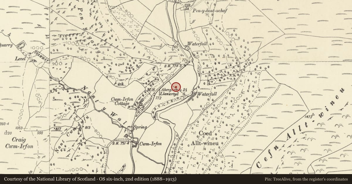 Ordnance Survey six-inch map, 2nd edition (1888–1913) covering the location of Cwm Irfon Standing Stone, Llanwrtyd Wells, Powys, with a pin at the register's coordinates