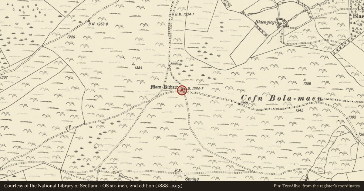 Ordnance Survey six-inch map, 2nd edition (1888–1913) covering the location of Maen Richard Prehistoric Standing Stone, Trallong, Powys, with a pin at the register's coordinates