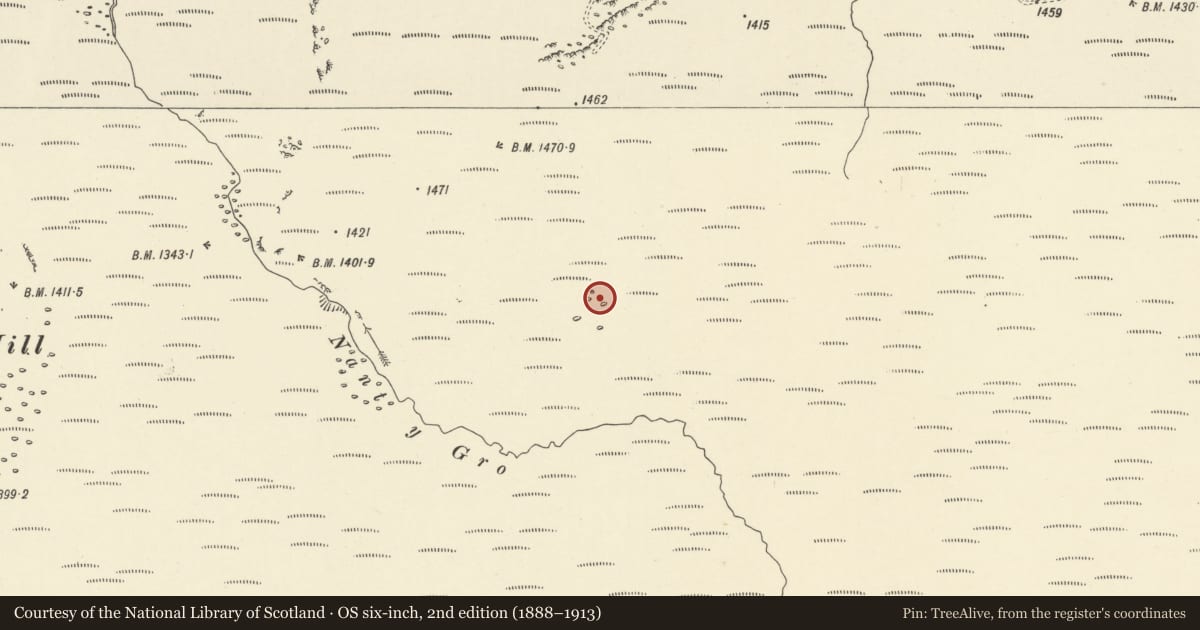 Ordnance Survey six-inch map, 2nd edition (1888–1913) covering the location of Crugian Bach stone circle, Llanwrthwl, Powys, with a pin at the register's coordinates