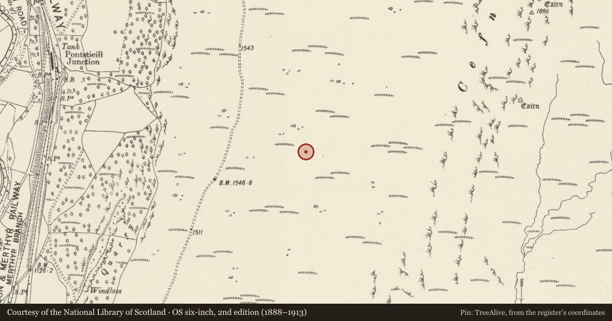 Ordnance Survey six-inch map, 2nd edition (1888–1913) covering the location of Nant Morlais Hafod, Llangynidr, Powys, with a pin at the register's coordinates