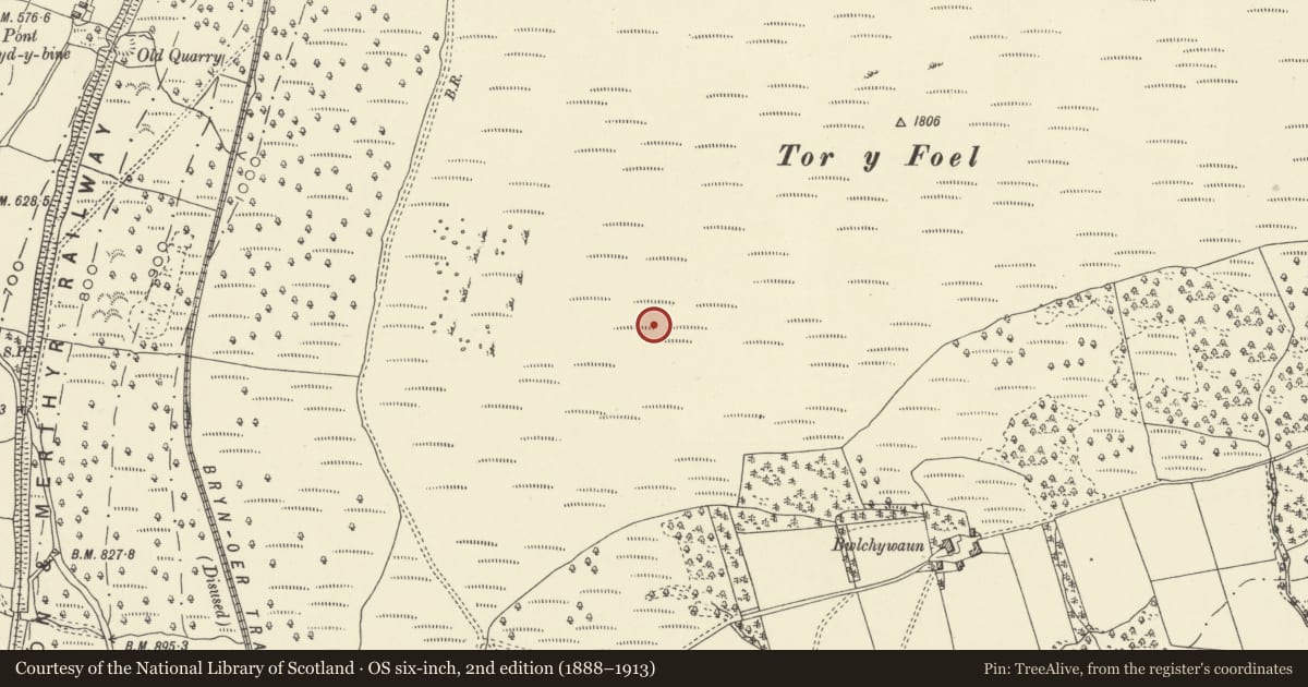 Ordnance Survey six-inch map, 2nd edition (1888–1913) covering the location of Tor y Foel Deserted Rural Settlement, Talybont-on-Usk, Powys, with a pin at the register's coordinates