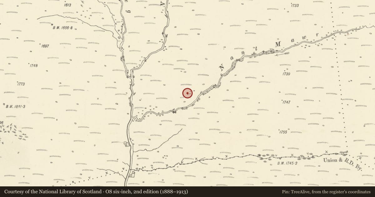 Ordnance Survey six-inch map, 2nd edition (1888–1913) covering the location of Nant Mawr Round Cairn, Maescar, Powys, with a pin at the register's coordinates