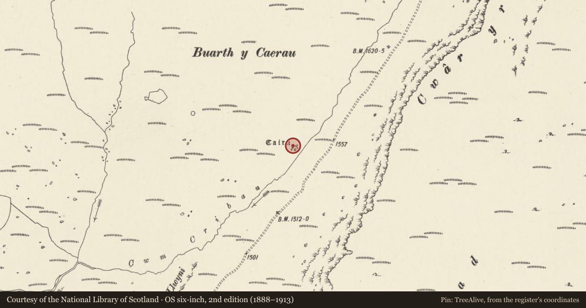 Ordnance Survey six-inch map, 2nd edition (1888–1913) covering the location of Buarth y Caerau Cairn, Talybont-on-Usk, Powys, with a pin at the register's coordinates