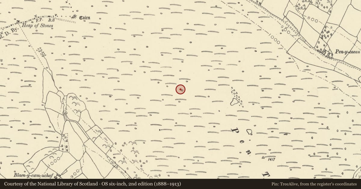 Ordnance Survey six-inch map, 2nd edition (1888–1913) covering the location of Pen Tir Ring Cairn and Ritual Platform, Llanfihangel Cwmdu with Bwlch and Cathedine, Powys, with a pin at the register's coordinates