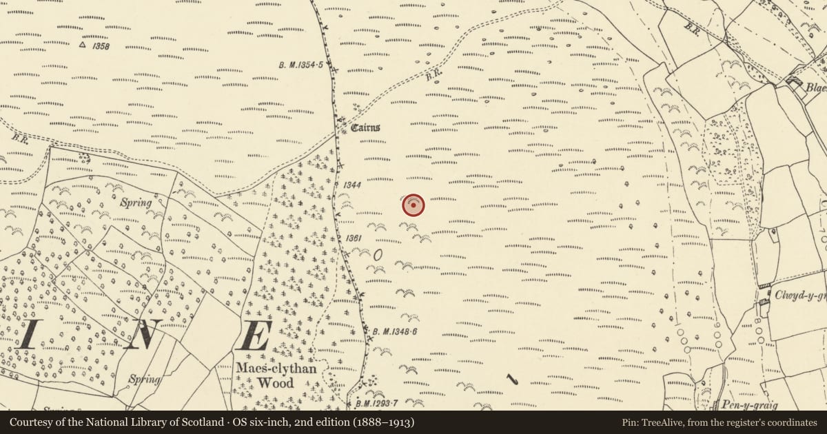 Ordnance Survey six-inch map, 2nd edition (1888–1913) covering the location of Cefn Moel Round Cairn III, Llanfihangel Cwmdu with Bwlch and Cathedine, Powys, with a pin at the register's coordinates