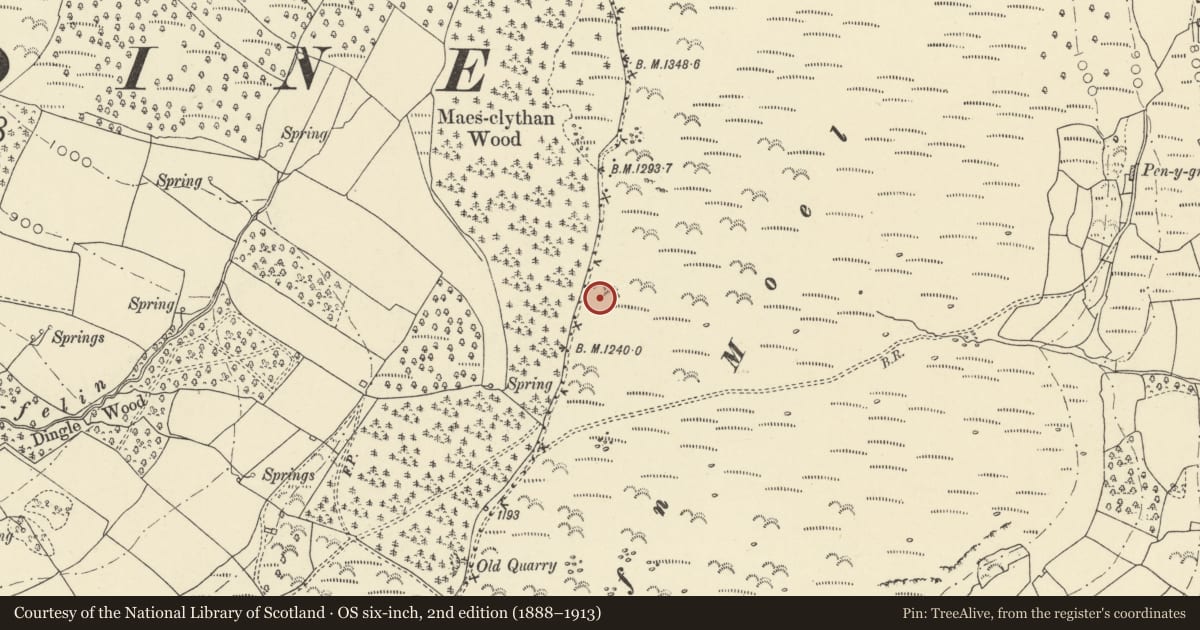 Ordnance Survey six-inch map, 2nd edition (1888–1913) covering the location of Cefn Moel Round Cairn and Ritual Platform, Llanfihangel Cwmdu with Bwlch and Cathedine, Powys, with a pin at the register's coordinates