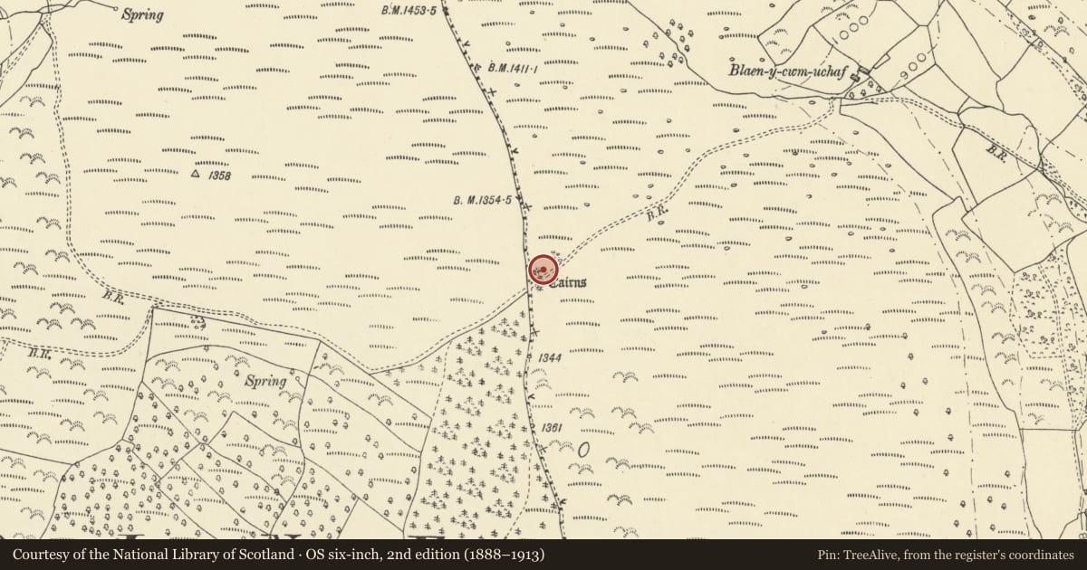 Ordnance Survey six-inch map, 2nd edition (1888–1913) covering the location of Blaen y Cwm Uchaf Cairn Cemetery, Llanfihangel Cwmdu with Bwlch and Cathedine, Powys, with a pin at the register's coordinates