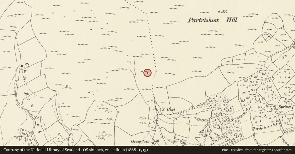 Ordnance Survey six-inch map, 2nd edition (1888–1913) covering the location of Y Cwrt Deserted Rural Settlement, The Vale of Grwyney, Powys, with a pin at the register's coordinates