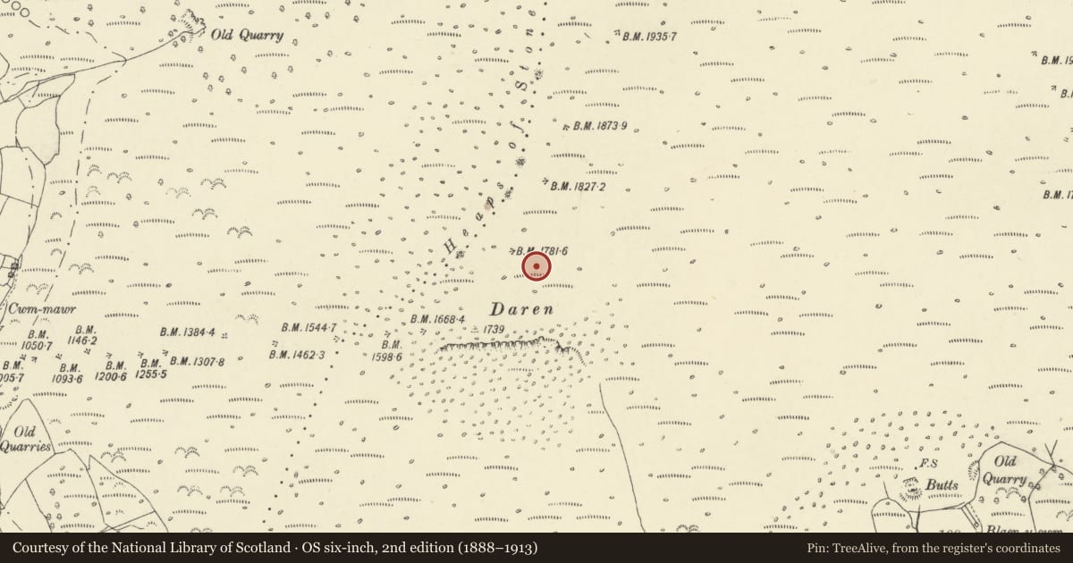 Ordnance Survey six-inch map, 2nd edition (1888–1913) covering the location of Darren ring cairn, Crickhowell, Powys, with a pin at the register's coordinates