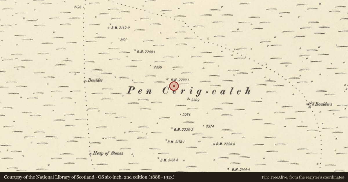 Ordnance Survey six-inch map, 2nd edition (1888–1913) covering the location of Round Cairn, Crickhowell, Powys, with a pin at the register's coordinates
