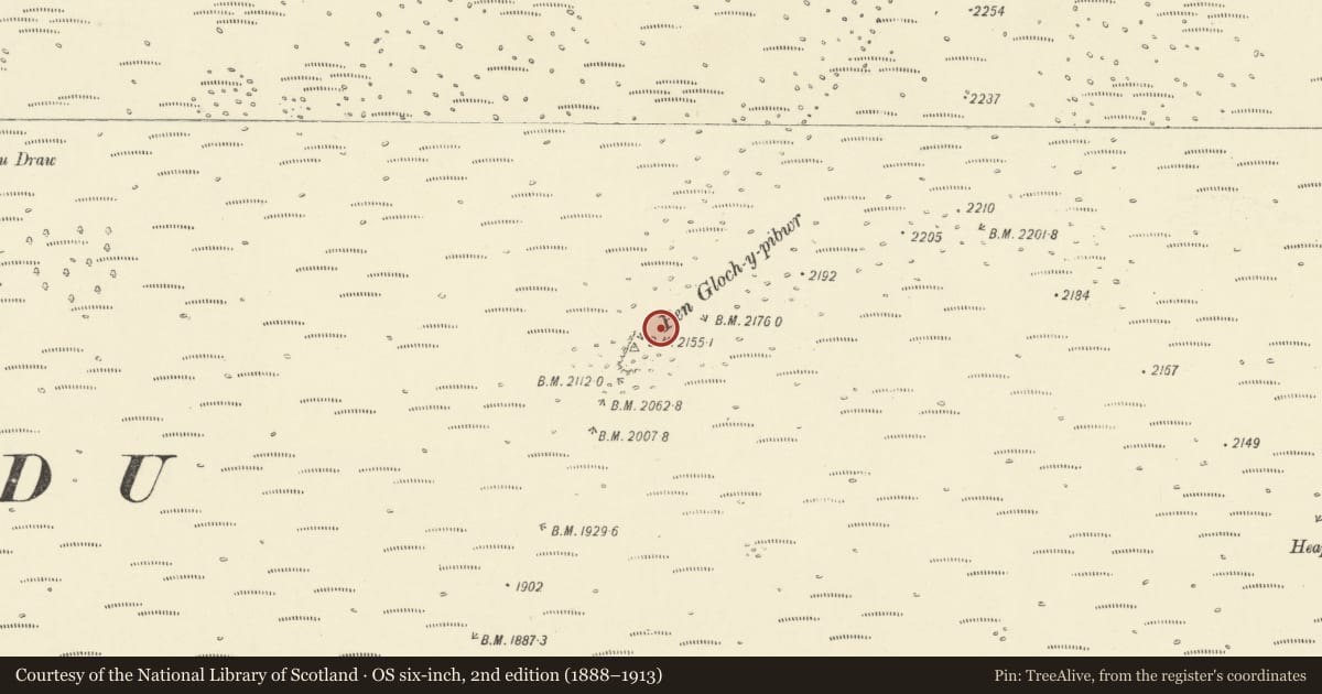 Ordnance Survey six-inch map, 2nd edition (1888–1913) covering the location of Platform Cairn, Llanfihangel Cwmdu with Bwlch and Cathedine, Powys, with a pin at the register's coordinates