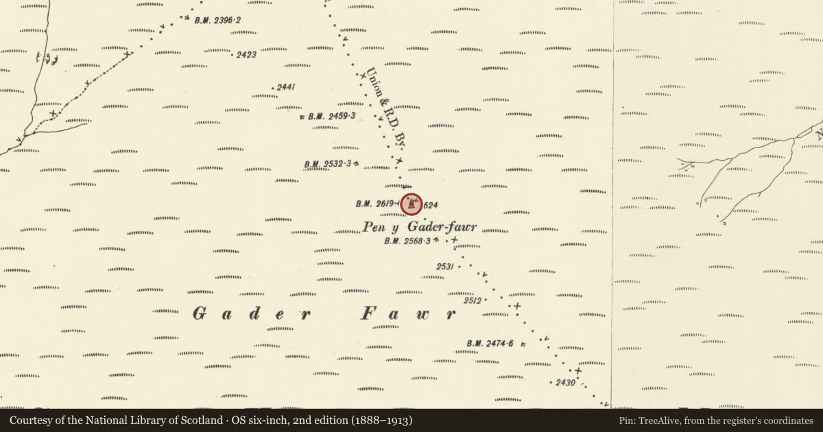 Ordnance Survey six-inch map, 2nd edition (1888–1913) covering the location of Pen y Gadair Fawr platform cairn, The Vale of Grwyney, Powys, with a pin at the register's coordinates
