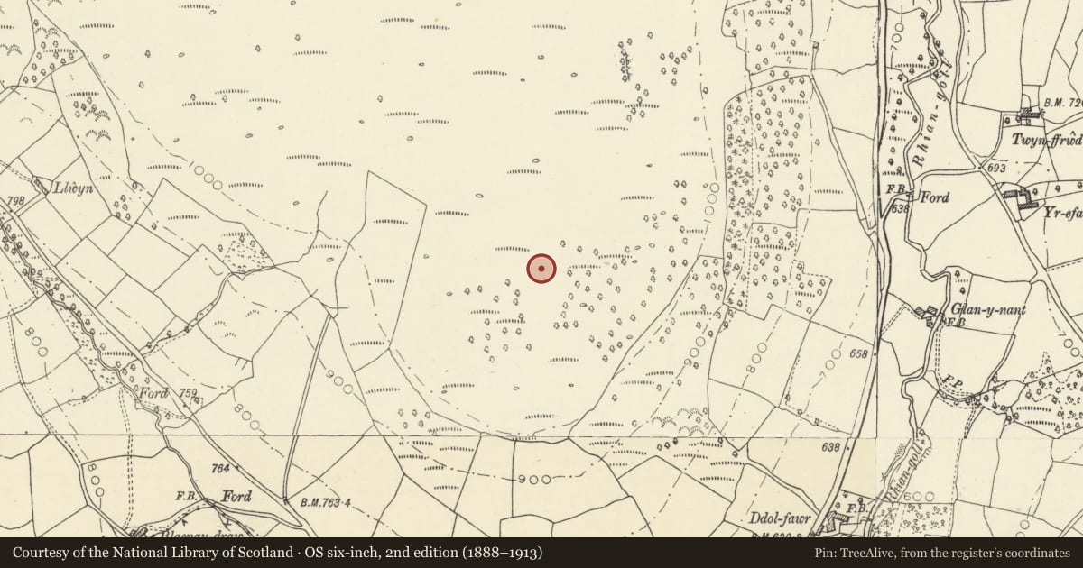 Ordnance Survey six-inch map, 2nd edition (1888–1913) covering the location of Round Cairn, The Vale of Grwyney, Powys, with a pin at the register's coordinates